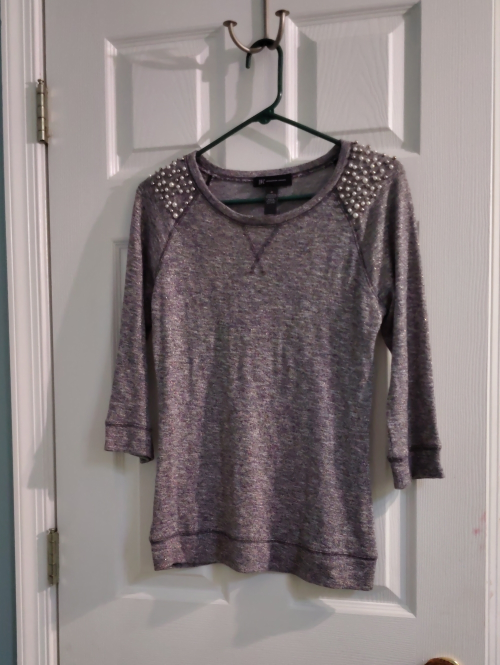 Pearl & Silver Embellished Gray Women's Sweater Top